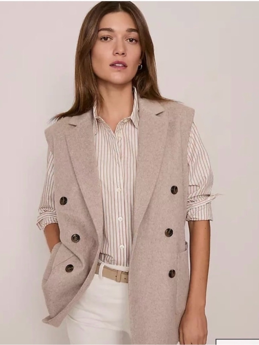 Ann Taylor Weekend Wool Blend Double Breasted Long Vest Size L Beige